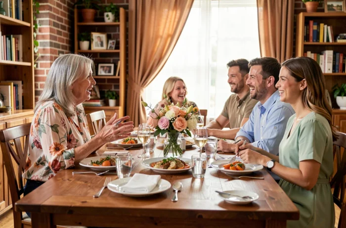 Famille réunie autour d'une table lors d'un repas convivial, illustrant les liens familiaux entre tante, nièce et son mari