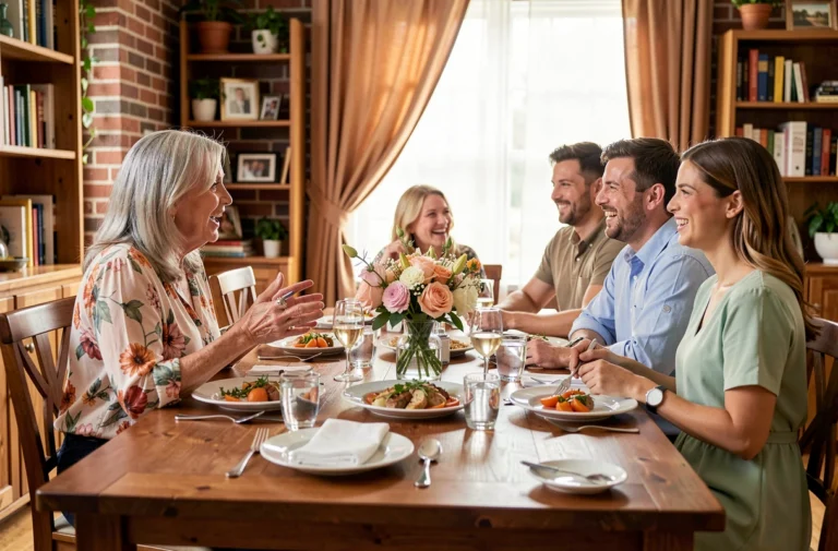 Famille réunie autour d'une table lors d'un repas convivial, illustrant les liens familiaux entre tante, nièce et son mari