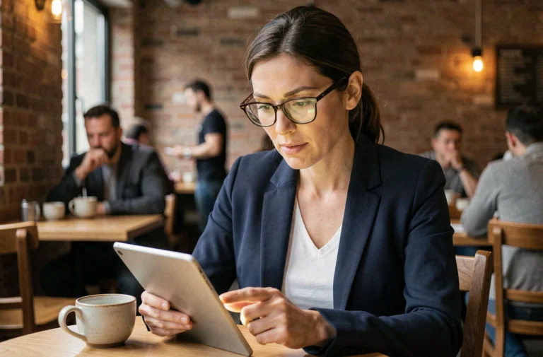 Femme professionnelle consultant l'actualité en temps réel sur une tablette dans un café urbain