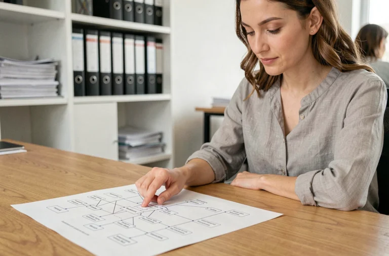 Femme analysant un plan de site web imprimé sur un bureau en bois dans un bureau moderne
