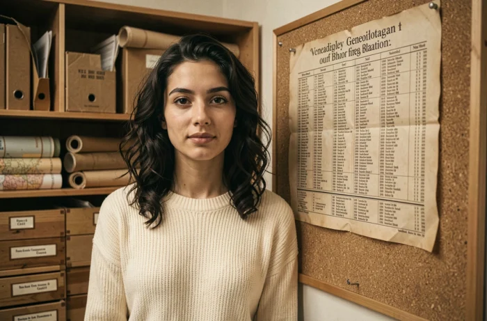 Jeune femme devant un arbre généalogique dans une salle d'archives, illustrant la quête de ses origines et l'histoire de ses parents