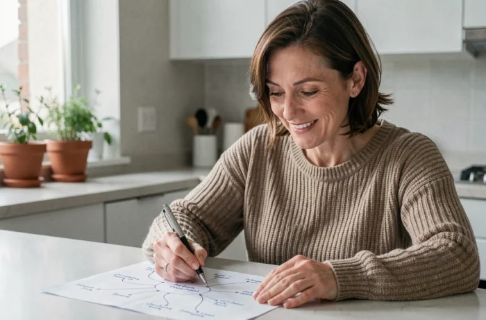 Femme consultant un arbre généalogique familial dessiné à la main, cherchant comment désigner les membres de sa famille élargie
