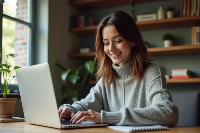 Femme consultant des avis clients sur son ordinateur portable dans un bureau à domicile