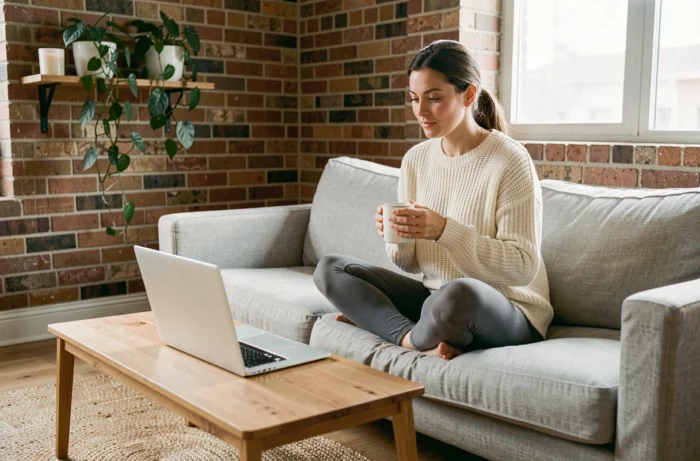 Femme détendue sur un canapé en lin gris consultant des conseils bien-être sur son ordinateur portable, ambiance cosy et naturelle