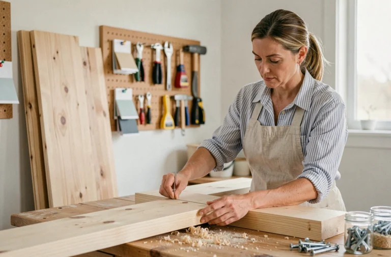 Femme réalisant des travaux de bricolage dans une cuisine en rénovation, mesurant une planche en bois avec des outils accrochés au mur en arrière-plan