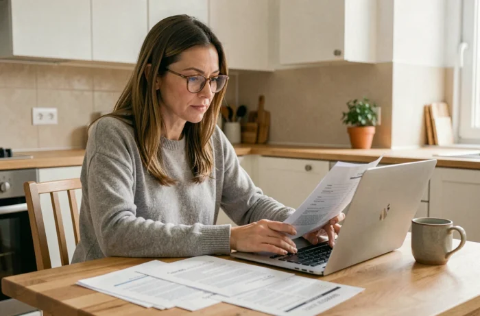 Femme consultant son budget personnel sur un ordinateur portable dans une cuisine moderne, stratégies d'optimisation des finances personnelles