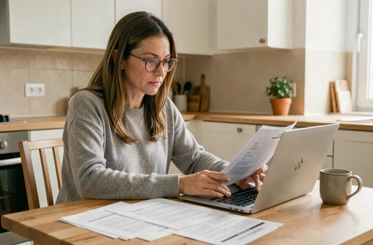 Femme consultant son budget personnel sur un ordinateur portable dans une cuisine moderne, stratégies d'optimisation des finances personnelles