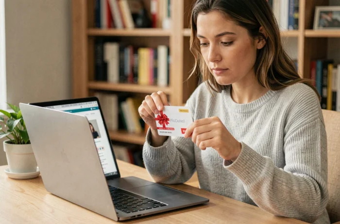 Femme utilisant un chèque Kadéos devant un ordinateur pour faire des achats sur Amazon