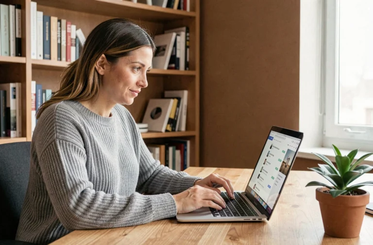 Femme découvrant des classements de sites web incontournables sur son ordinateur portable dans un bureau cosy