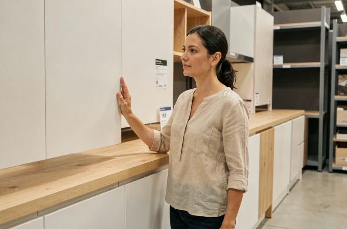 Femme comparant des façades de cuisine dans un magasin d'ameublement low-cost type But ou Ikea