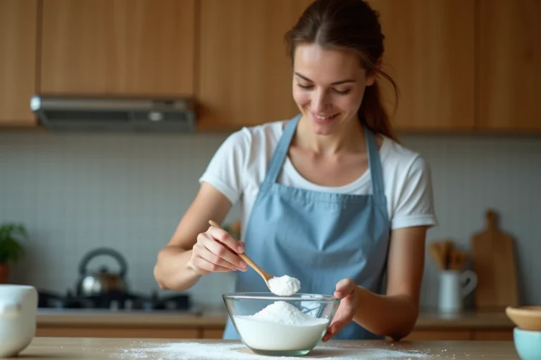 Femme en tablier mélangeant du bicarbonate de soude dans un bol en verre sur un plan de travail de cuisine