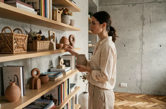 Femme arrangeant des objets décoratifs tendance sur des étagères en bois dans un appartement parisien moderne