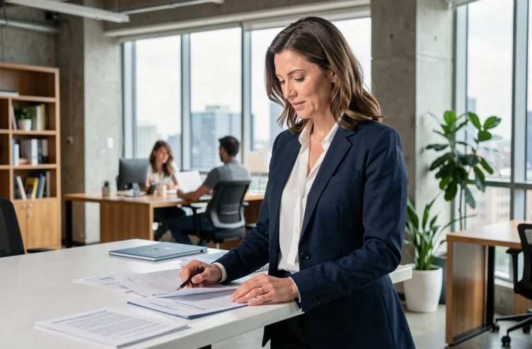 Femme dirigeante d'entreprise analysant des documents dans un bureau moderne avec vue sur la ville, illustrant la gestion quotidienne efficace