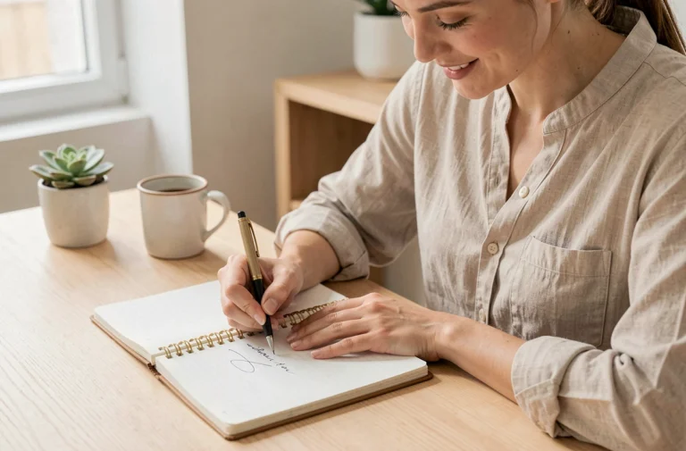 Femme écrivant proprement dans un carnet avec un stylo bille de qualité sur un bureau en bois épuré