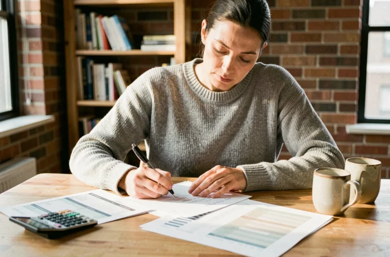 Femme analysant son budget personnel avec des feuilles de calcul et une calculatrice sur une table en bois, illustrant la gestion financière quotidienne