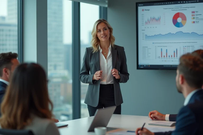 Femme leader en blazer charbon présentant des données à son équipe dans une salle de réunion moderne avec vue sur la ville