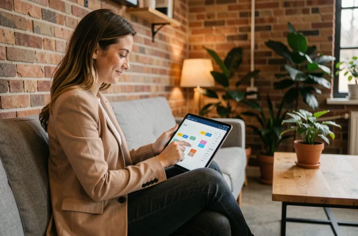 Jeune femme naviguant sur un plan de site web interactif via une tablette dans un espace de coworking