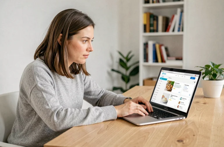 Femme naviguant facilement entre les sections d'un site web sur son ordinateur portable dans un bureau à domicile