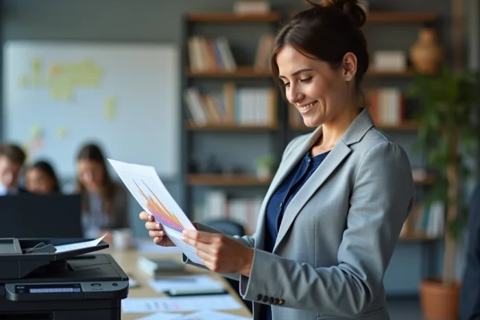 Femme professionnelle examinant une impression couleur produite par une imprimante Brother au bureau