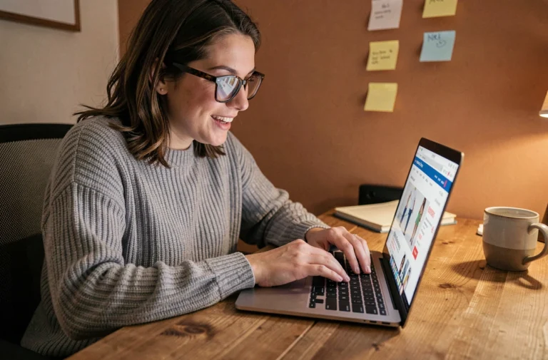 Femme consultant des promotions en ligne sur son ordinateur portable dans un bureau à domicile cosy