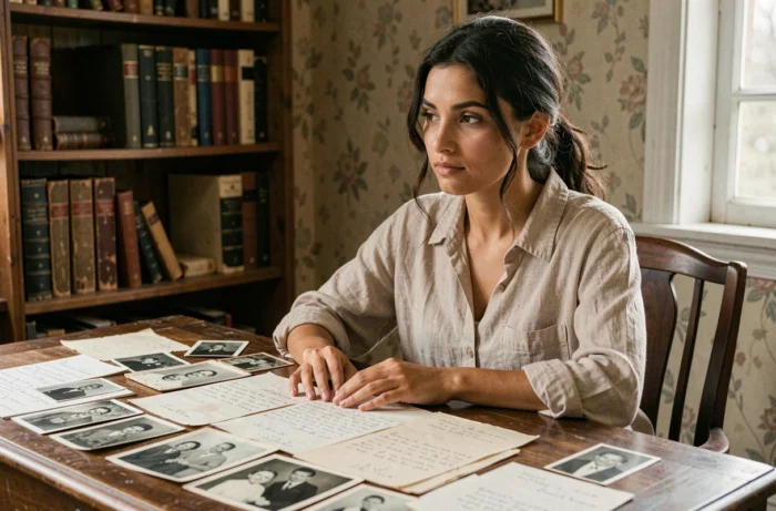 Jeune femme examinant de vieilles photographies de famille et des lettres manuscrites sur un bureau en bois vintage, évoquant la recherche de ses origines
