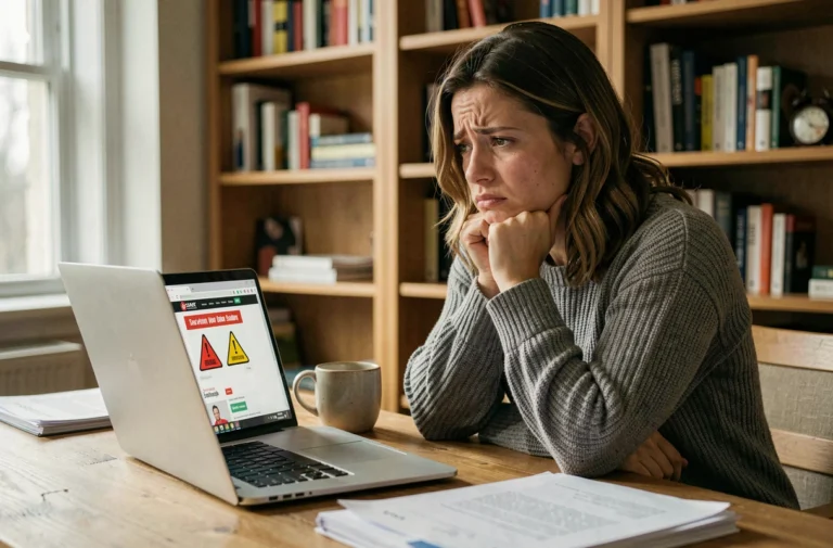 Femme inquiète devant un ordinateur portable affichant un site web suspect, reconnaissant les signes d'une arnaque en ligne de type Maficheclasse