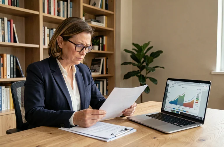 Femme professionnelle examinant une estimation immobilière en ligne sur son ordinateur portable avec des documents imprimés sur un bureau en bois