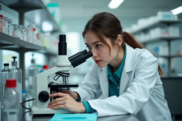 Jeune femme scientifique en blouse blanche observant des échantillons au microscope dans un laboratoire de recherche moderne
