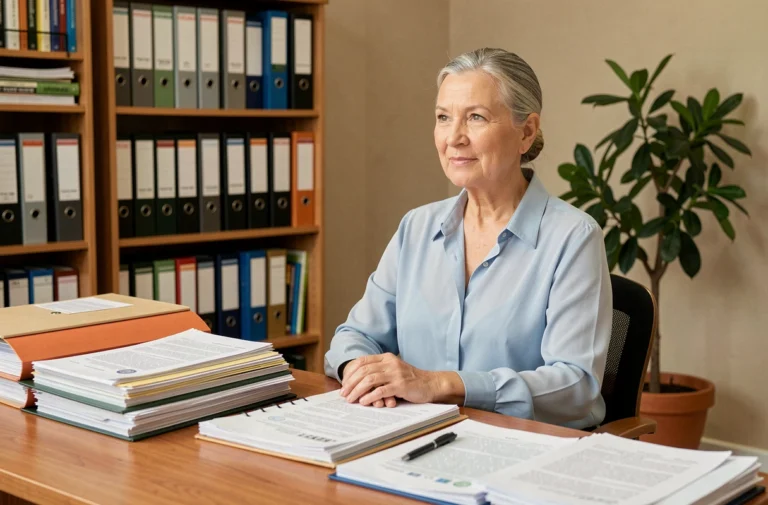 Femme senior organisant des documents officiels pour une demande de retraite à son bureau à domicile