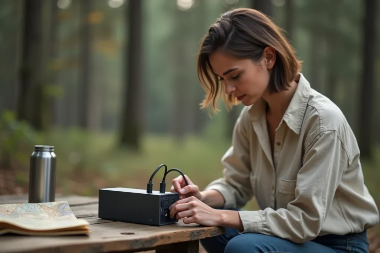 Femme connectant un chargeur à une station d'énergie nomade compacte sur une table de camping en forêt