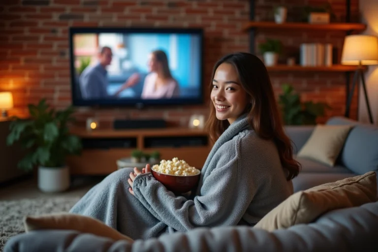 Jeune femme regardant un film en streaming sur sa télévision depuis son canapé avec du popcorn
