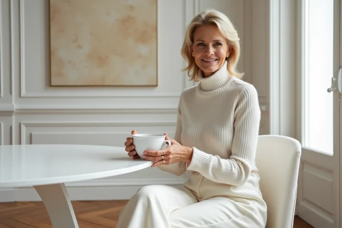 Femme élégante habillée en blanc dans un appartement parisien luxueux, illustrant l'esthétique minimaliste et le symbole de statut social associé à cette couleur