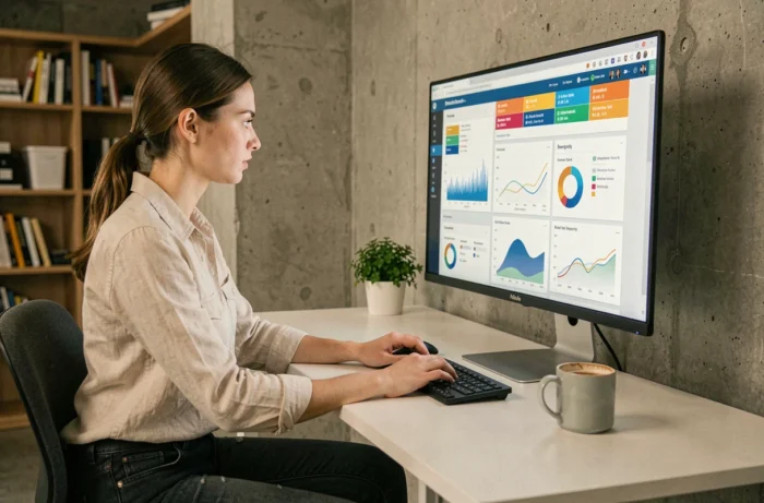 Jeune femme professionnelle travaillant sur des tendances web et des outils numériques devant un grand écran avec des tableaux de bord analytiques dans un bureau moderne