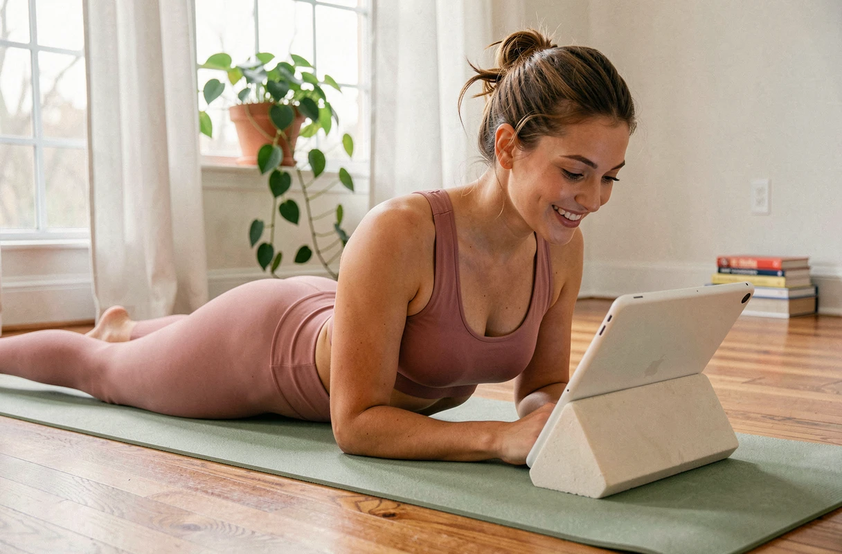 Jeune femme suivant un tutoriel de yoga en ligne sur une tablette dans son appartement, tenue de sport rose et tapis vert sauge