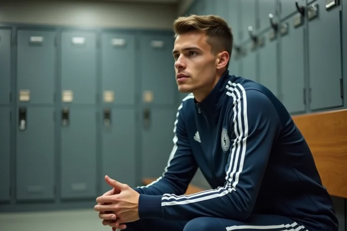 Joueur de football assis dans un vestiaire moderne, regard pensif et expression déterminée
