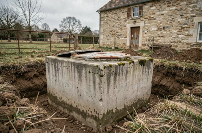 Fosse septique en béton des années 1960 partiellement excavée dans un jardin rural, montrant la structure vieillissante et le couvercle d'inspection