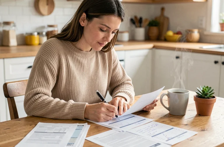 Femme gérant son budget personnel avec des feuilles de calcul et des notes manuscrites sur une table en bois dans une cuisine moderne