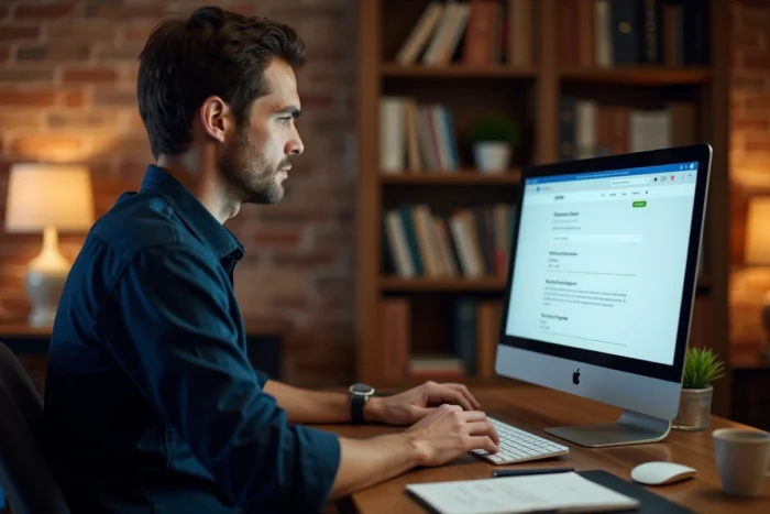 Homme gérant ses services en ligne depuis son bureau à domicile sur un ordinateur de bureau
