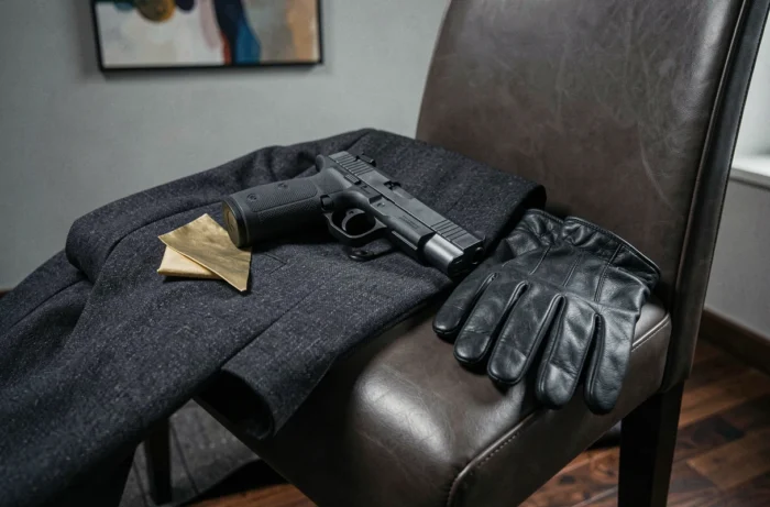 Gros plan éditorial d'une réplique d'arme de John Wick posée sur un costume sombre avec accessoires en cuir dans une suite d'hôtel