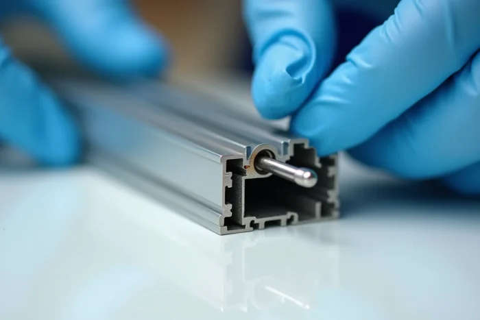 Gros plan sur la valve d'injection de gaz d'un double vitrage avec outil spécialisé en acier inoxydable