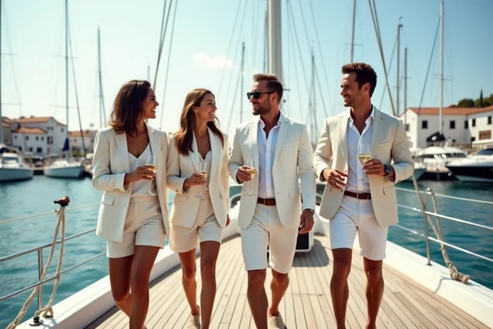 Groupe de personnes aisées en tenues blanches sur le pont d'un yacht privé dans un port méditerranéen, représentant le style de vie luxueux associé au port du blanc