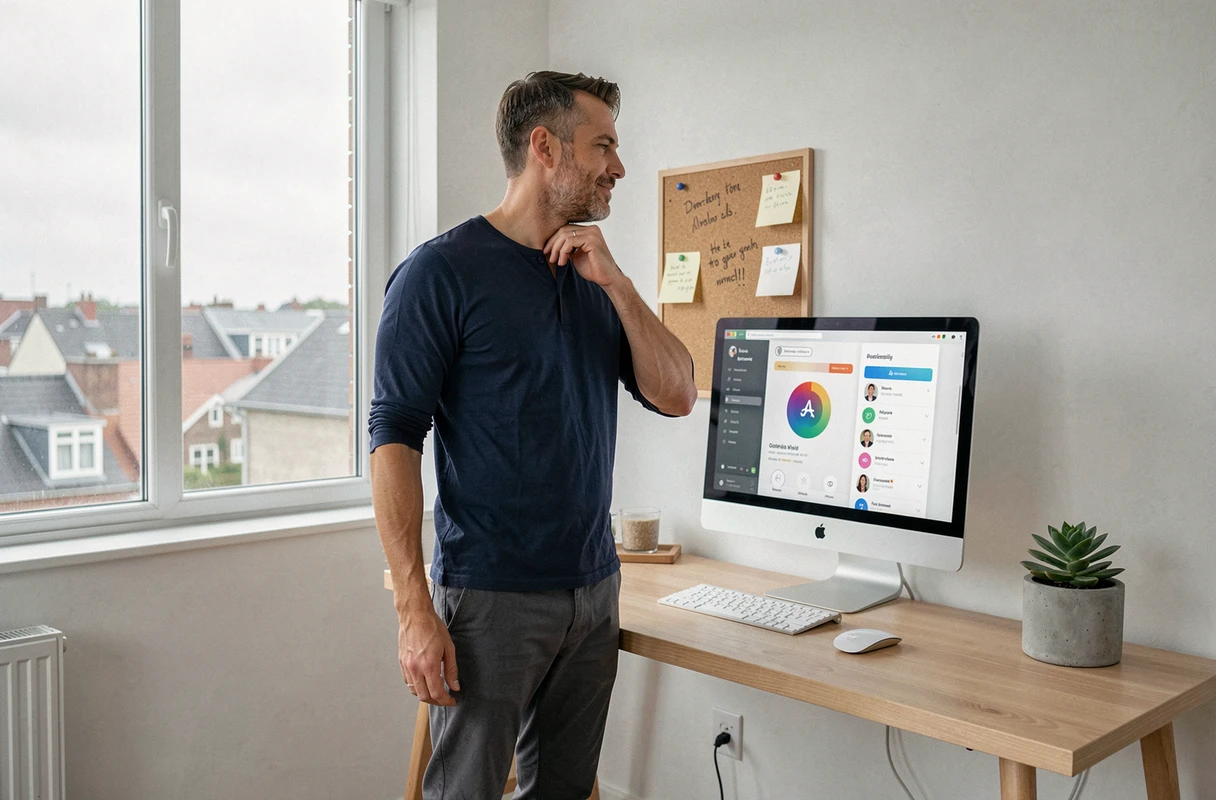 Homme au bureau debout regardant une application de méditation sur un grand écran, espace de travail minimaliste et bien organisé