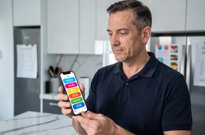 Homme comparant des promotions sur une application de shopping depuis son smartphone dans une cuisine moderne