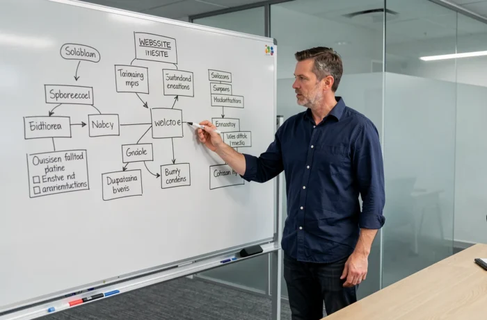 Homme présentant une architecture de site web sur un tableau blanc dans une salle de réunion