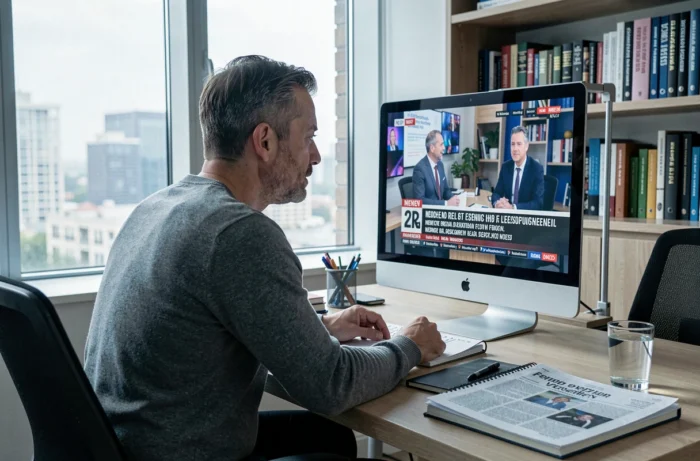Homme suivant les informations en direct sur un écran d'ordinateur dans un bureau à domicile moderne