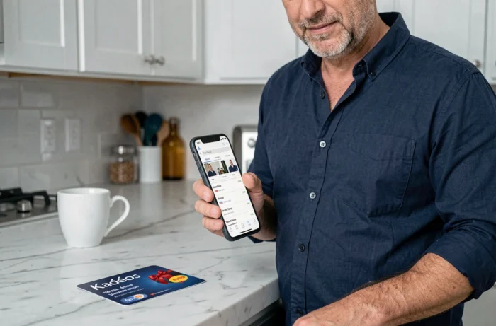 Homme consultant son smartphone avec une carte Kadéos posée sur un comptoir pour acheter sur Amazon