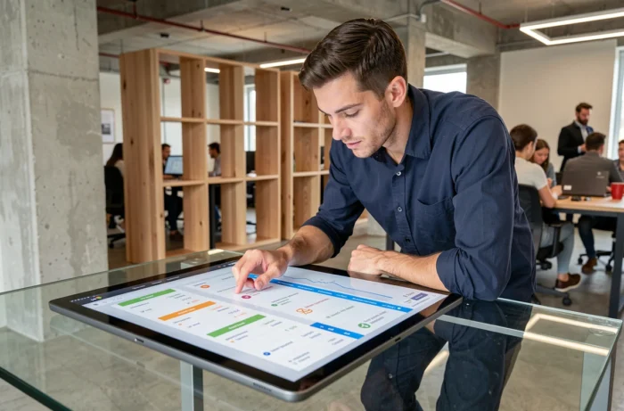 Homme naviguant sur un classement de sites web incontournables sur une tablette dans un espace de coworking moderne