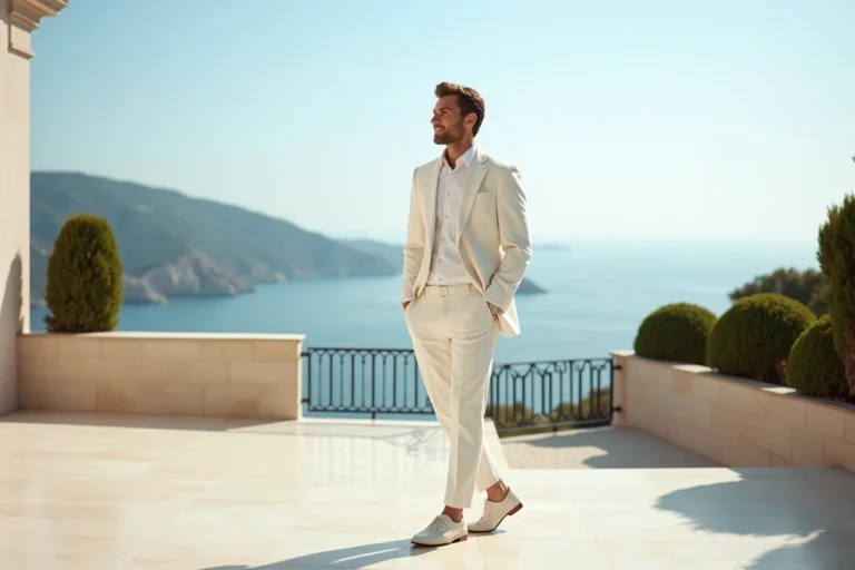 Homme élégant en costume blanc en lin sur une terrasse en marbre avec vue sur la mer Méditerranée, symbole de luxe et de raffinement