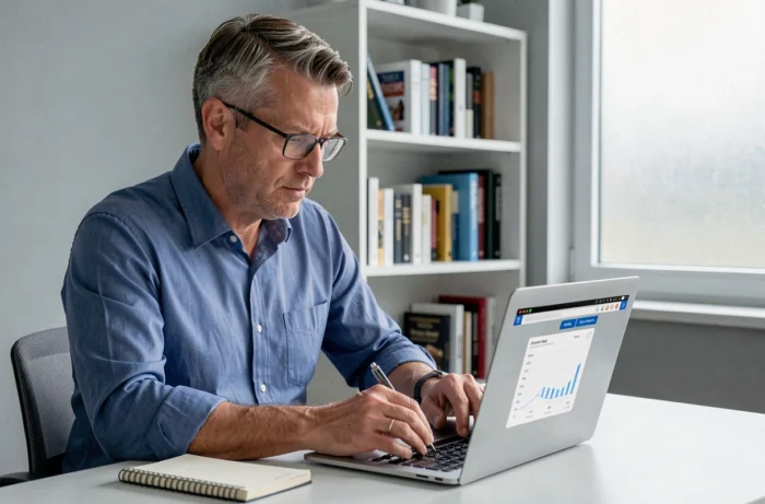 Homme consultant une application de finances personnelles sur un ordinateur portable dans un bureau à domicile minimaliste