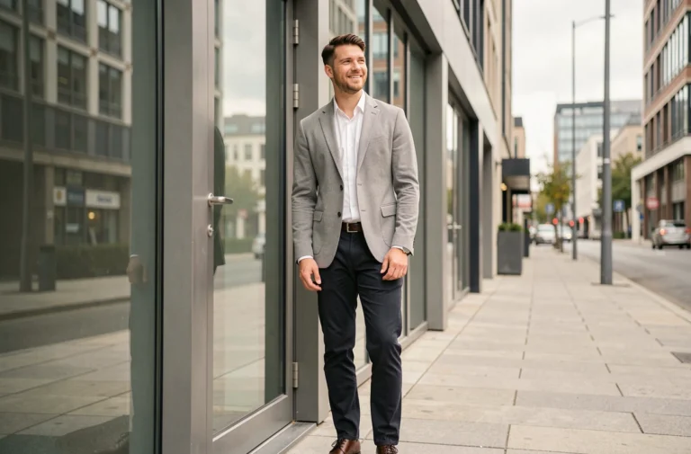 Homme d'1m80 debout près d'un cadre de porte en milieu urbain, illustrant la notion de grande taille selon les standards actuels